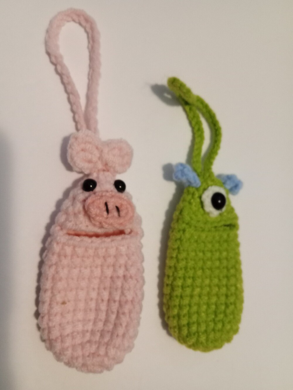 Pink Pig and Green One Eyed Monster Crochet Small Item Storage Pendant